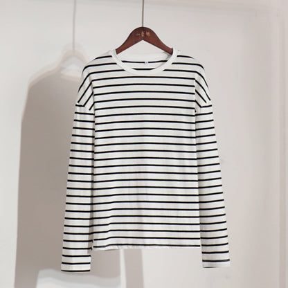 Camiseta de rayas de manga larga, de primavera, moderna, informal, salvaje, con cuello redondo, de algodón a rayas.