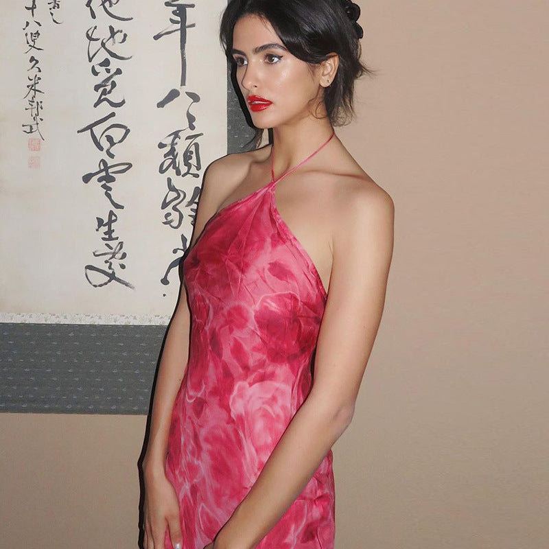 Vestido estampado con cuello halter cruzado en el pecho para mujer, popular en verano