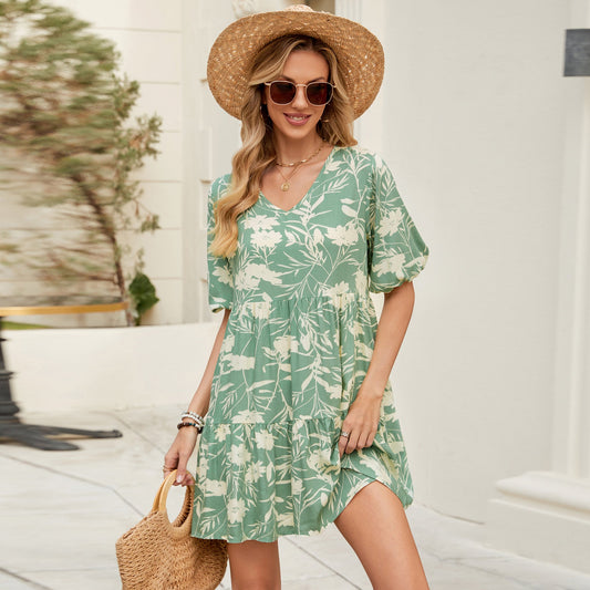 Real Shot Rayon Printed V neck Loose Big Hem Short Sleeve Holiday Dress