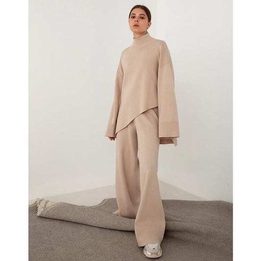 Suéter asimétrico irregular de cuello alto y media pierna, elegante suéter biselado, pantalones anchos de punto