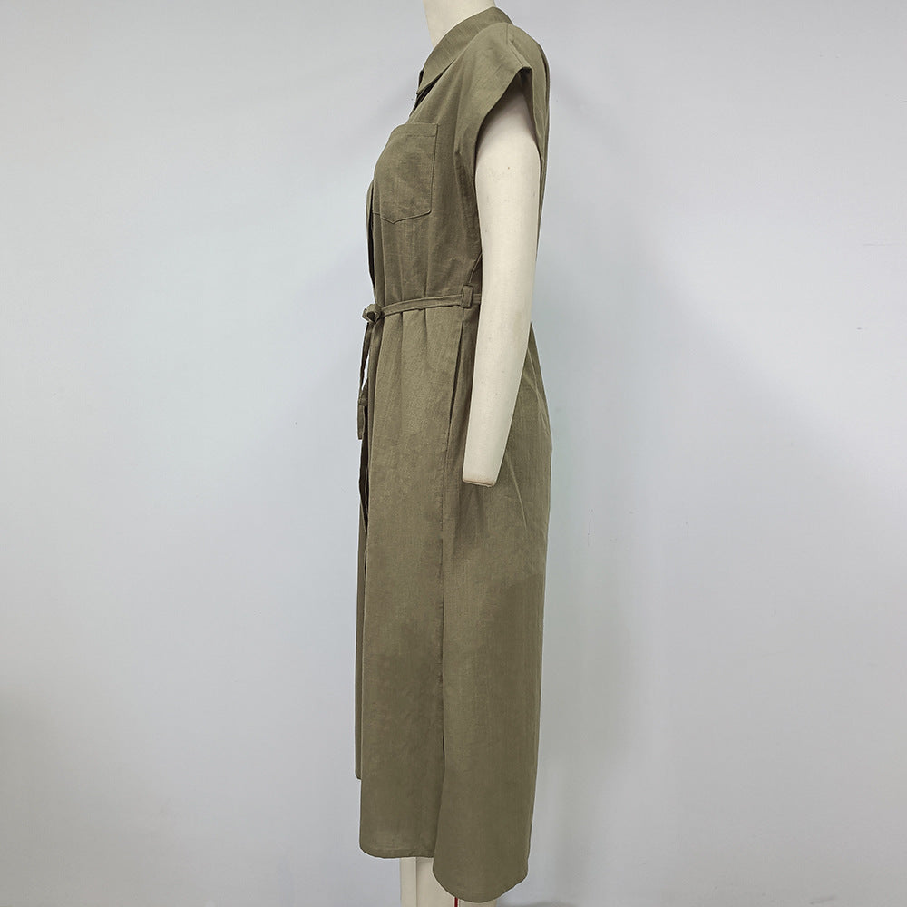 Vestido camisero largo holgado con cuello y cintura de botonadura sencilla para mujer