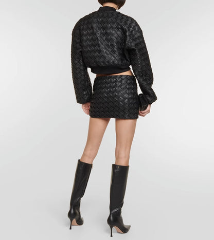 Traje de vuelo con cremallera y diseño tejido negro romántico de Niche, abrigo corto, minifalda tipo tubo