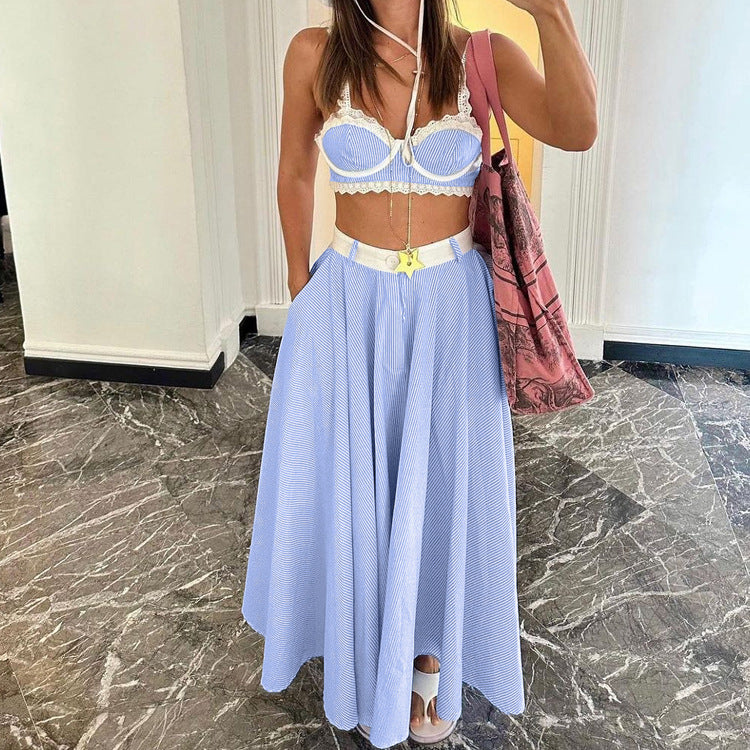 Conjunto de dos piezas de chaleco con tirantes y encaje de primavera para mujer, ropa sexy de cintura alta con falda amplia y vuelo.