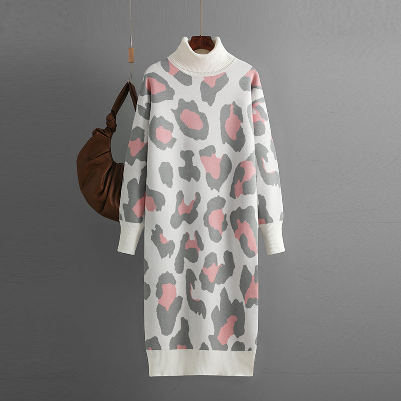 Vestido de punto con cuello alto y estampado de leopardo para mujer, otoño e invierno