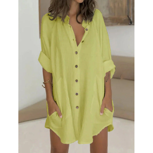 Vestido camisero holgado informal de otoño e invierno con una sola botonadura para mujer