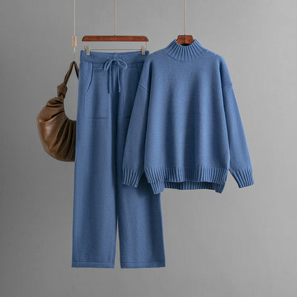 Traje de punto resistente al frío para mujer, suéter grueso y holgado, cuello medio alto, manga larga, traje de dos piezas para mujer