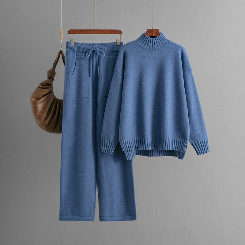 Traje de punto resistente al frío para mujer, suéter grueso y holgado, cuello medio alto, manga larga, traje de dos piezas para mujer