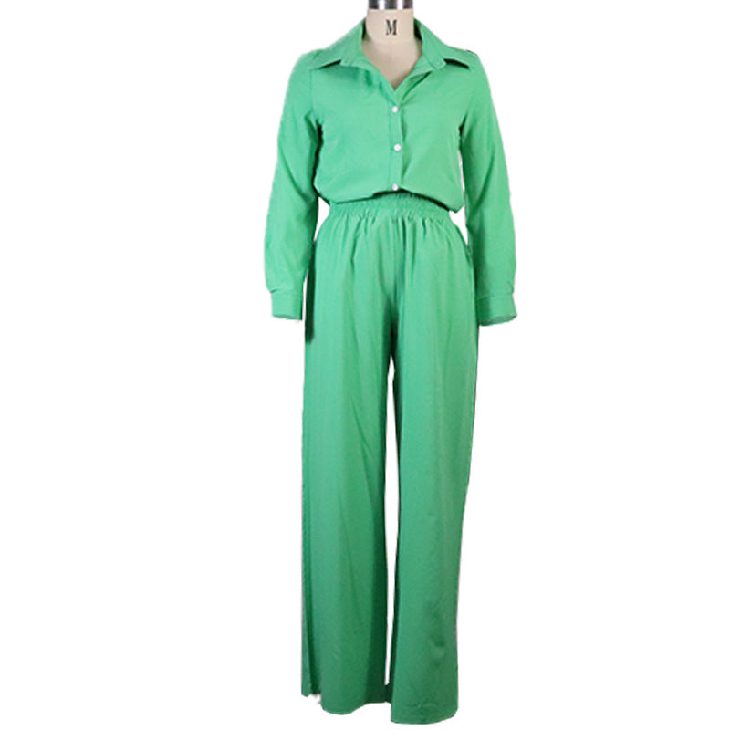 Conjunto de dos piezas formado por cárdigan, camisa, pantalón ancho y holgado, informal, color liso, para mujer