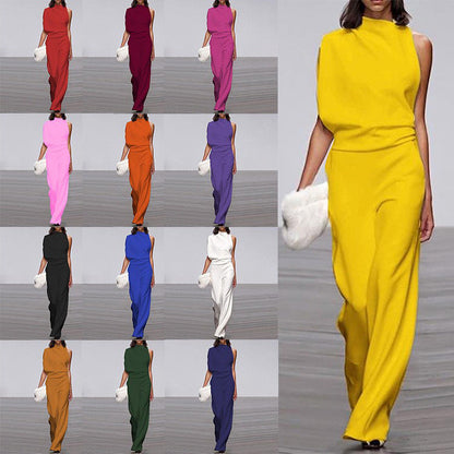 Pantalones de mujer de color liso con un hombro descubierto y cuello alto, mono de vestir popular