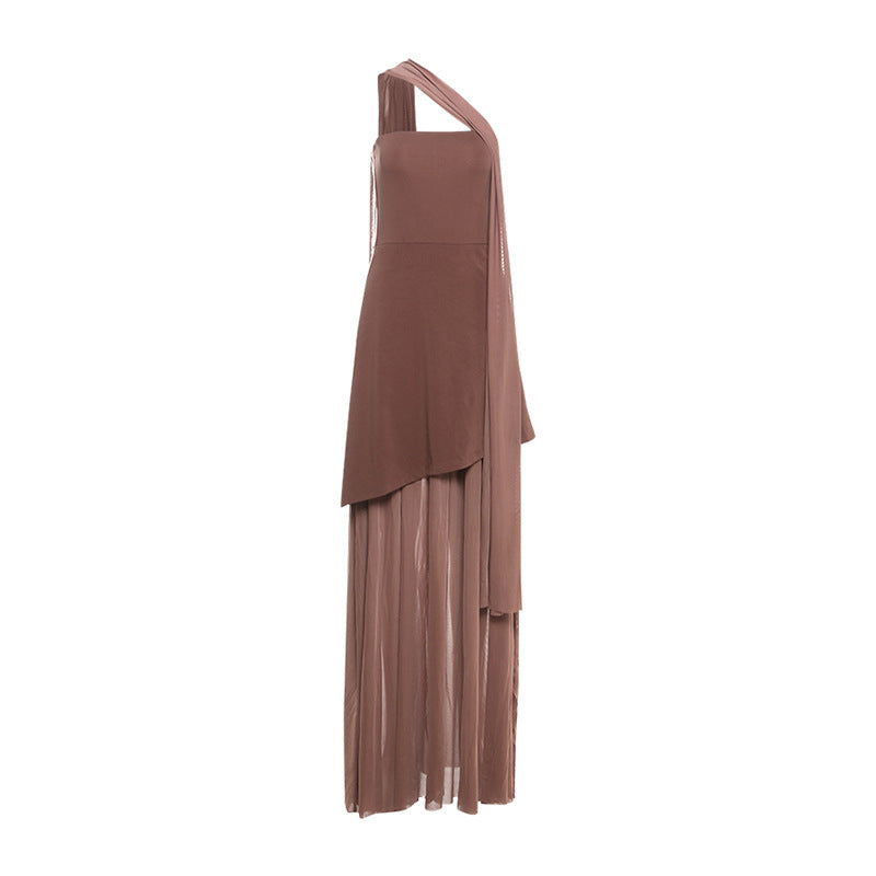 Vestido de primavera para mujer, sexy, ajustado, sin espalda, con costuras de malla, top de tubo, cuello bufanda