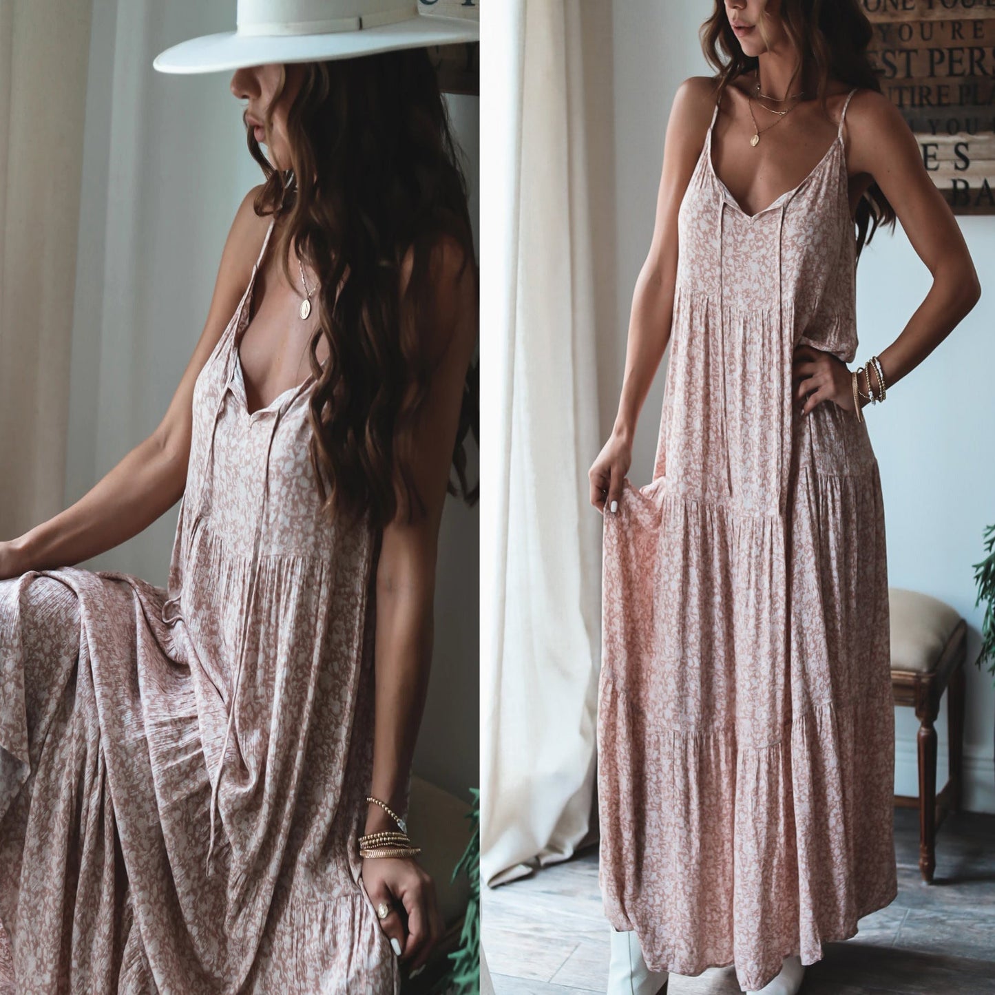 Vestido largo holgado con tirantes, capas y cordones, vestido floral para mujer