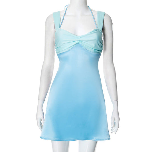 Vestido de fiesta de primavera y verano con cuello halter, encaje y espalda descubierta para mujer