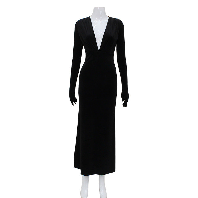 Women Clothing French Deep V Plunge Sexy Tight Waist Velvet Light Luxury Dress Fishtail Sheath Dress with Gloves