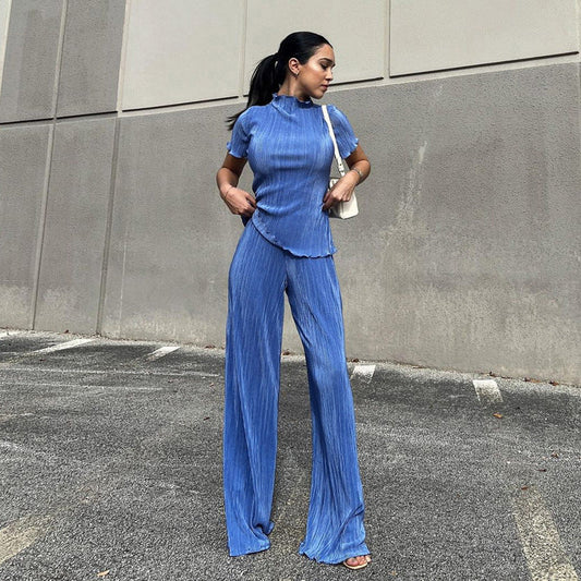 Camiseta adelgazante de primavera, pantalones anchos plisados azules de cintura alta, ropa informal para mujer, traje de moda