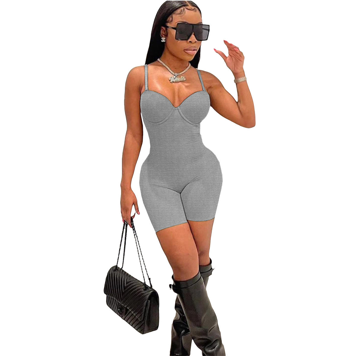 Ropa de verano para mujer, mono sexy de corte bajo con tirantes y cintura alta que favorece la figura.
