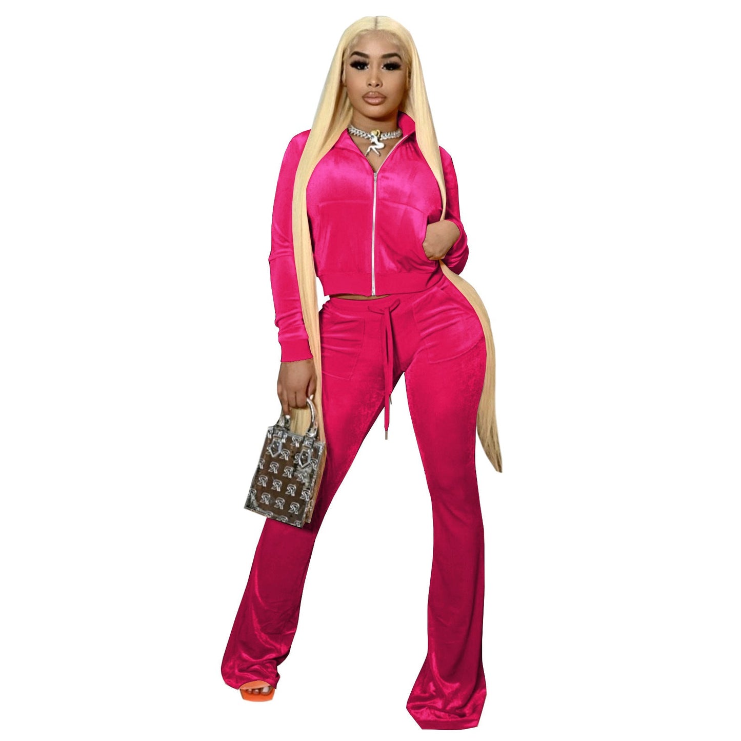 Conjunto deportivo informal de dos piezas para mujer, de terciopelo coreano, color liso, manga larga, sexy y corto