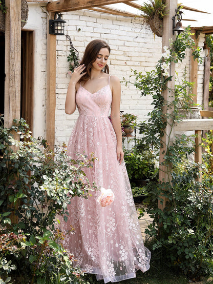 Vestido de noche con escote en V y tirantes, de malla bordada, sin espalda, elegante, para baile, fiesta, dama de honor.