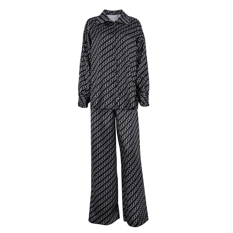 Traje de dos piezas de satén estampado para mujer, camisa holgada de manga larga y pantalones de primavera