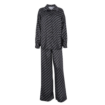 Traje de dos piezas de satén estampado para mujer, camisa holgada de manga larga y pantalones de primavera