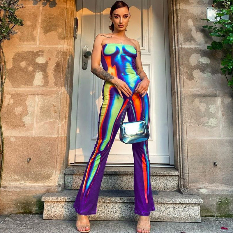 Ropa de mujer, top de tubo de verano con cuello descubierto, estampado multicolor, pantalones de una pieza ajustados con realce de cadera