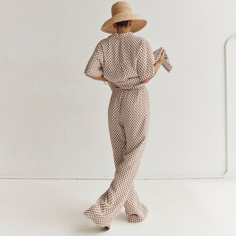 Conjunto de dos piezas formado por camisa de manga corta y pantalón con cordones, verano, para mujer