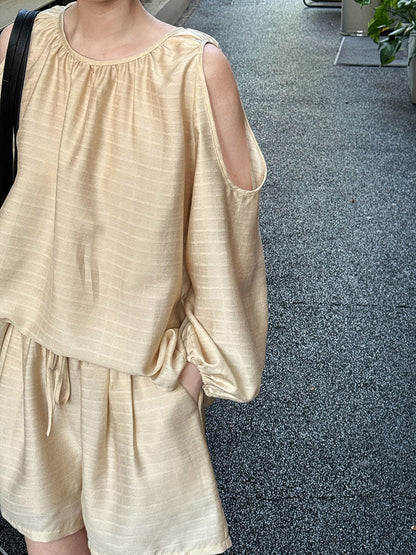 Conjunto de dos piezas de traje de verano con parte superior de tencel con aberturas en los hombros y protección solar