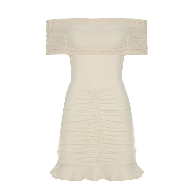 Vestido ajustado sin tirantes con volantes en la cadera y malla para mujer