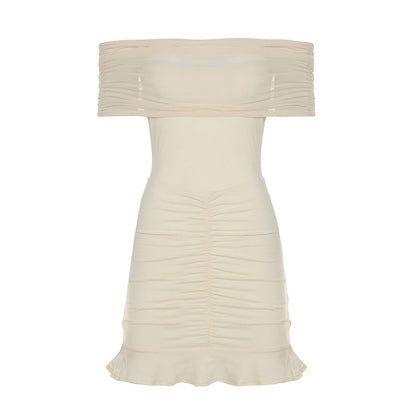 Vestido ajustado sin tirantes con volantes en la cadera y malla para mujer