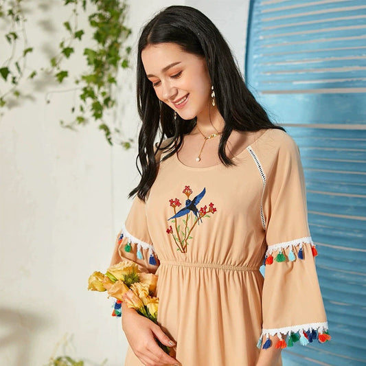 Women Clothing Round Neck Tassel Half Sleeve High Waist Long Casual Dress