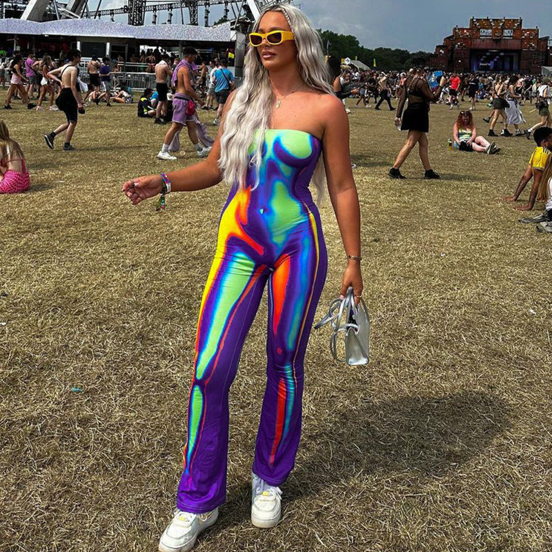 Ropa de mujer, top de tubo de verano con cuello descubierto, estampado multicolor, pantalones de una pieza ajustados con realce de cadera