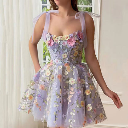 Vestido camisero sexy de organza con bordado floral tridimensional para mujer