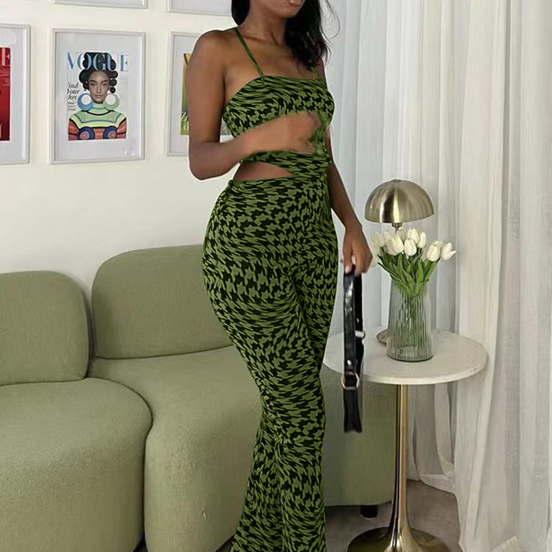 Traje verde estampado chaleco pantalones anchos traje casual de dos piezas