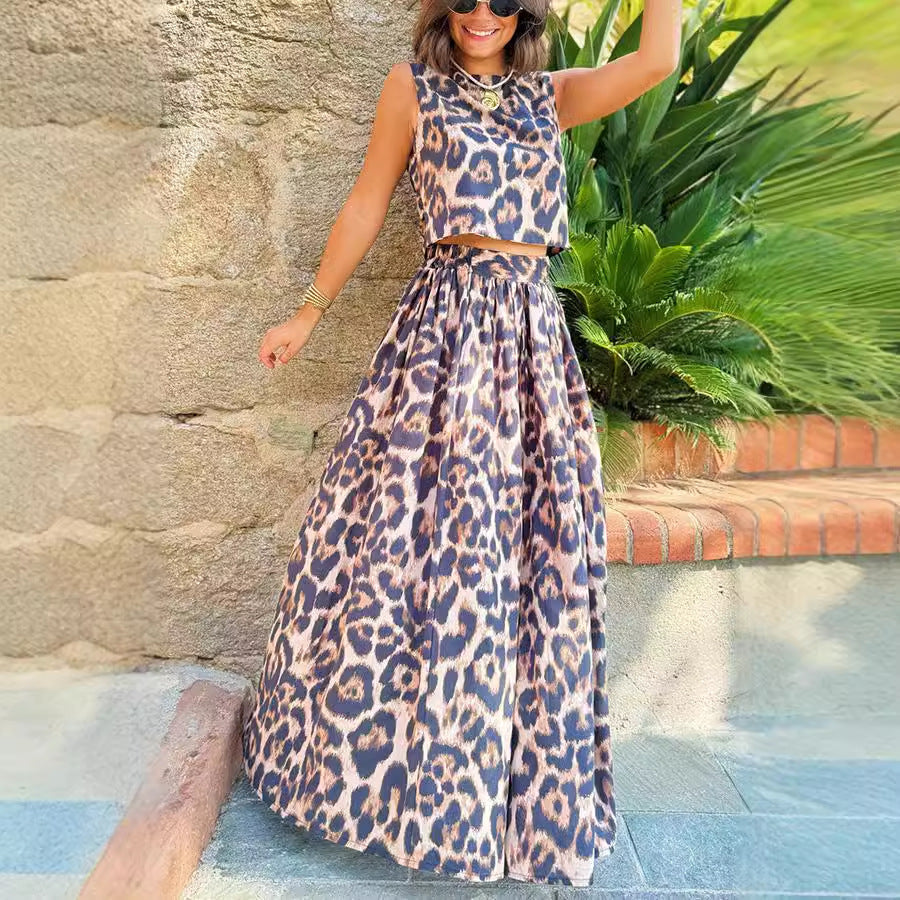 Conjunto de dos piezas con top y falda con estampado de leopardo informal para mujer