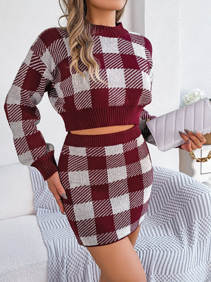 Conjunto de suéter corto con falda y manga larga a cuadros con contraste de colores para otoño e invierno, ropa informal para mujer