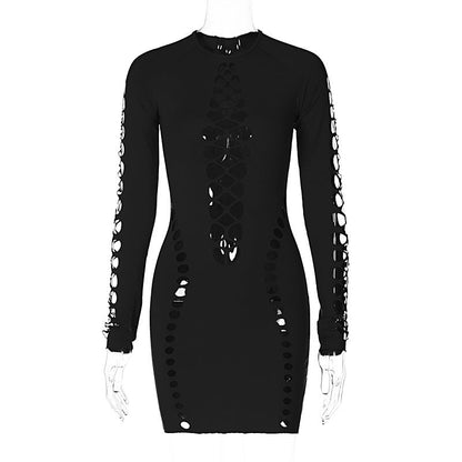 Vestido corto ajustado con cuello redondo y mangas largas con aberturas sexy de color sólido para mujer