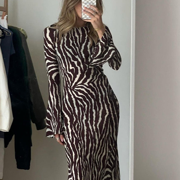 Vestido holgado con estampado de rayas, informal, de cuello redondo y manga larga, para mujer, otoño e invierno