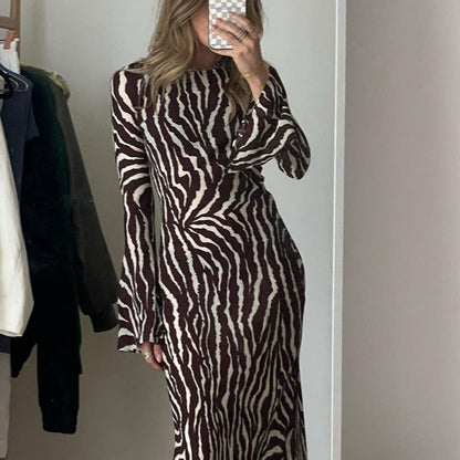 Vestido holgado con estampado de rayas, informal, de cuello redondo y manga larga, para mujer, otoño e invierno