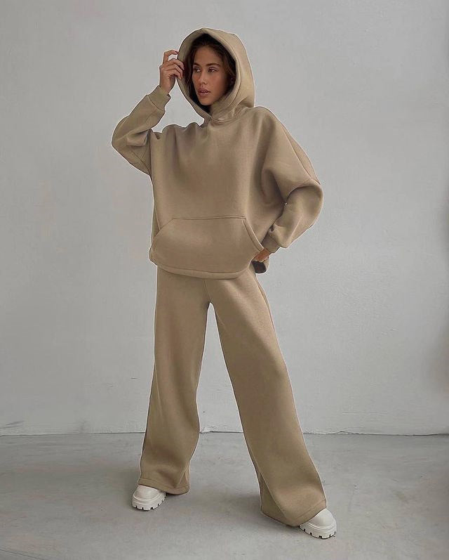 Conjunto de suéter con capucha y pantalones rectos informales para mujer, otoño e invierno, conjunto de dos piezas