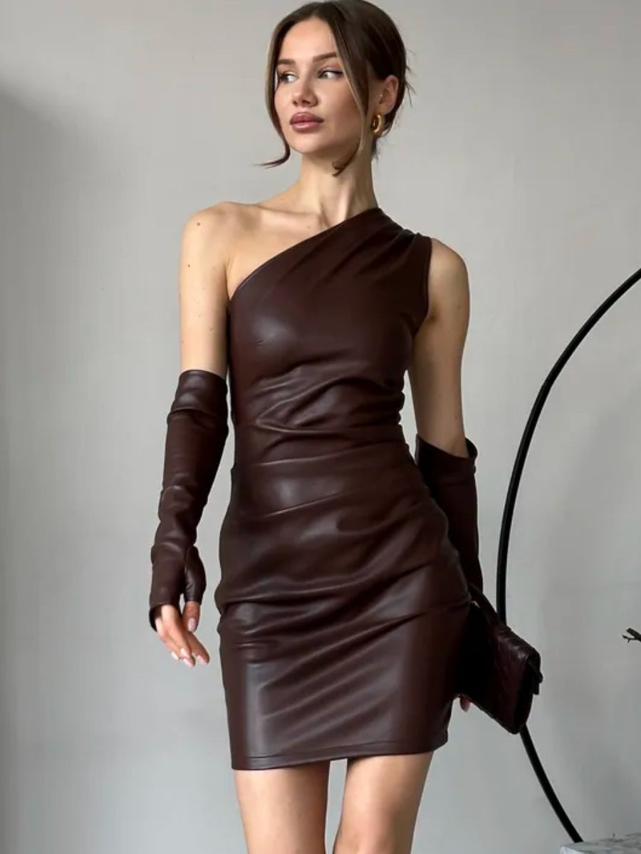 Vestido de piel sintética estilo hipster para mujer, cuello en diagonal, sin mangas, mangas largas, cintura ajustada.