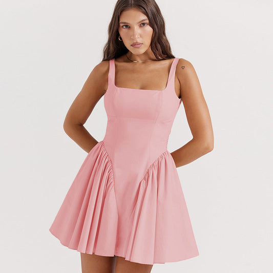 Vestido corto femenino de otoño con volantes, color liso, sexy, sin espalda, con costuras y cordones