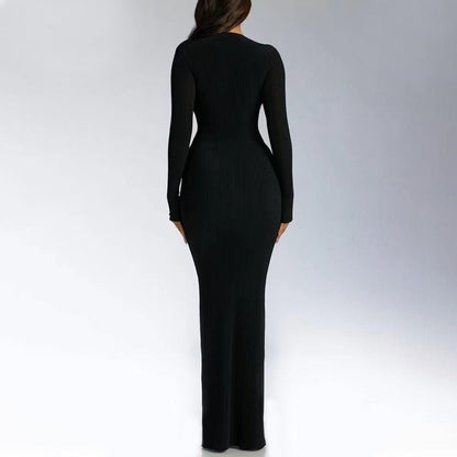 Vestido sexy de un solo paso con escote en V profundo, color liso, ajustado, largo y sexy para mujer