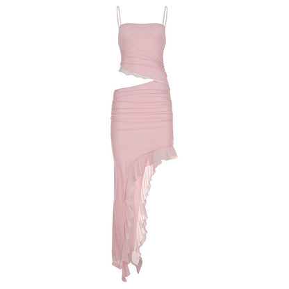 Vestido de vacaciones para mujer, estilo corto, de malla con volantes, irregular, asimétrico, de color liso, elegante y elegante, con cuello halter.