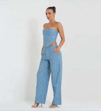 Traje de pantalón de pierna ancha con top de tubo y mezclilla de primavera y verano
