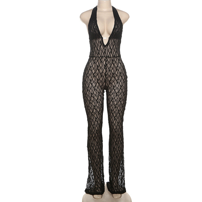 Mono sexy de otoño para mujer, con escote en V profundo y escote halter, de encaje transparente y espalda descubierta