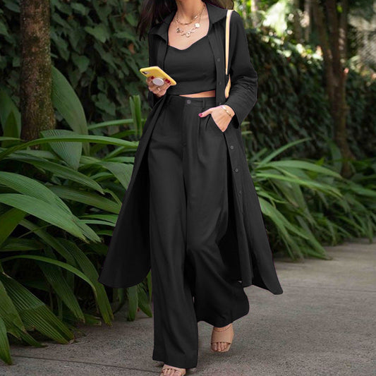 Gabardina informal de otoño, pantalones anchos, ropa de mujer, traje de tres piezas