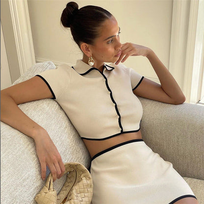 Conjunto de falda tubo sexy con cuello y cárdigan de manga corta para mujer de primavera y verano