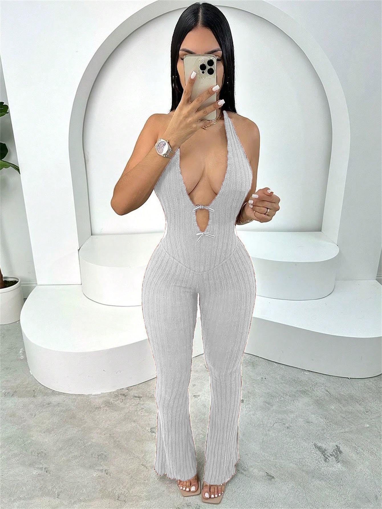 Mono de verano ajustado con cuello halter, encaje, espalda descubierta, sexy, pantalones acampanados, mono para mujer