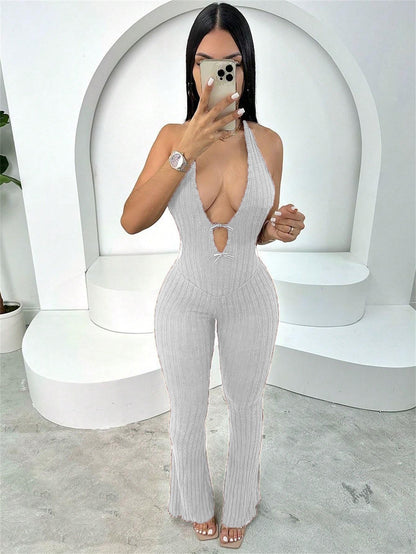 Mono de verano ajustado con cuello halter, encaje, espalda descubierta, sexy, pantalones acampanados, mono para mujer