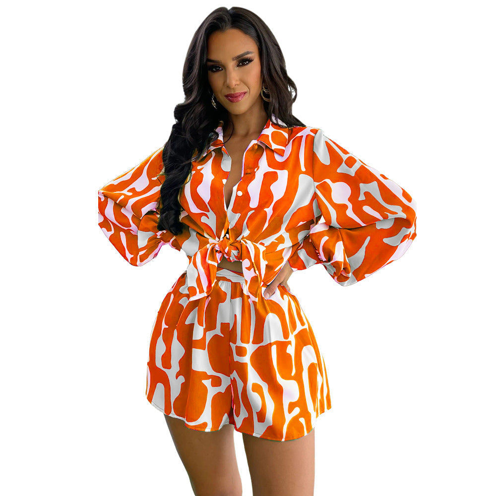 Camisa larga holgada estampada, pantalones cortos informales para mujer, traje de verano de dos piezas