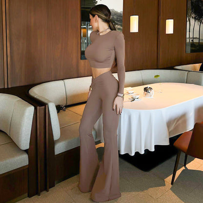 Conjunto de pantalones y blusa de cintura alta con hombros acolchados y manga larga para mujer